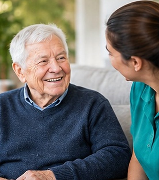 Support worker chatting with a smiling elderly man